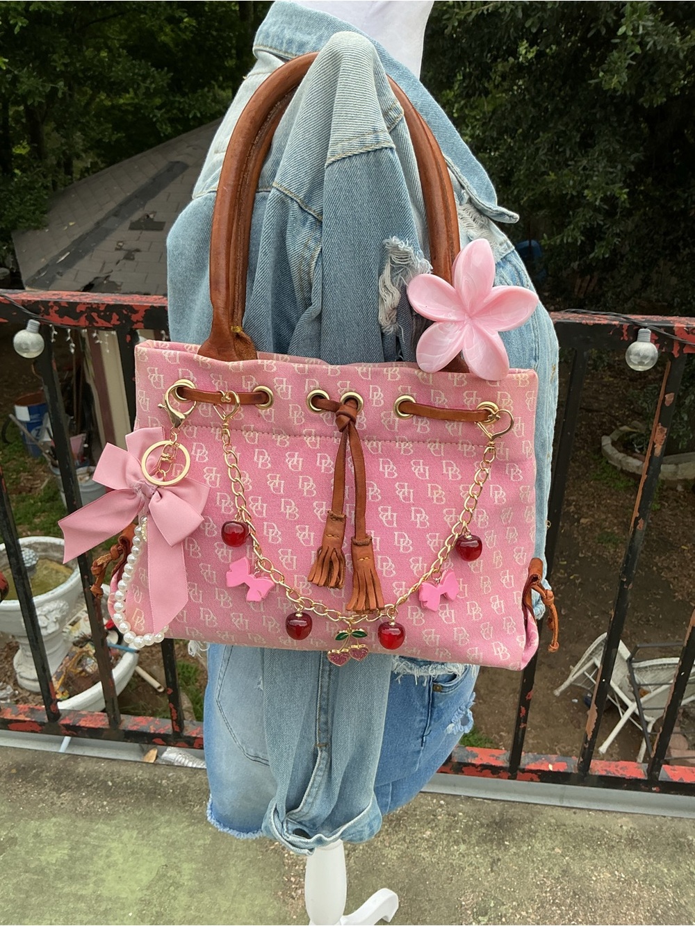 Dooney & Bourke Pink Logo Tote with Brown Handles and Charm Chain
